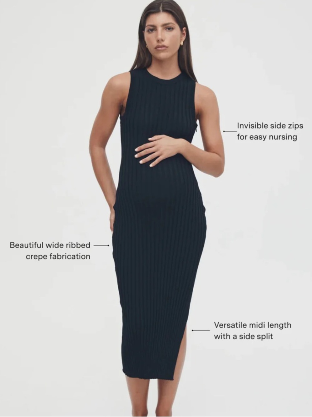 Legoe Heritage Women XS Maternity Black Ribbed Midi Luxe Shift Dress II